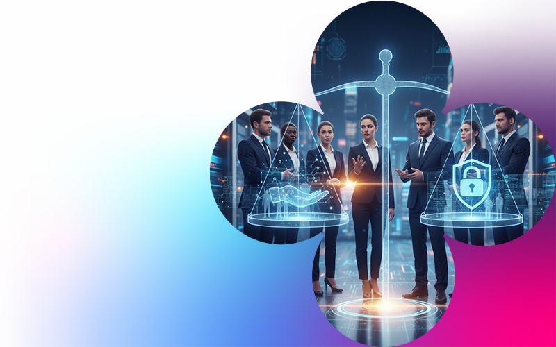 Business professionals in a digital environment symbolically balancing a scale, with abstract representations of trust and security on either side