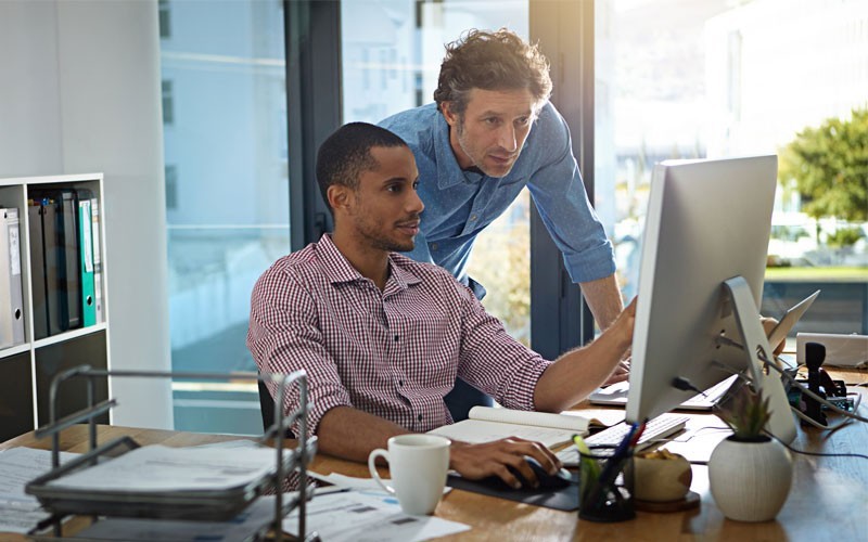 Two male employees looking at desktop